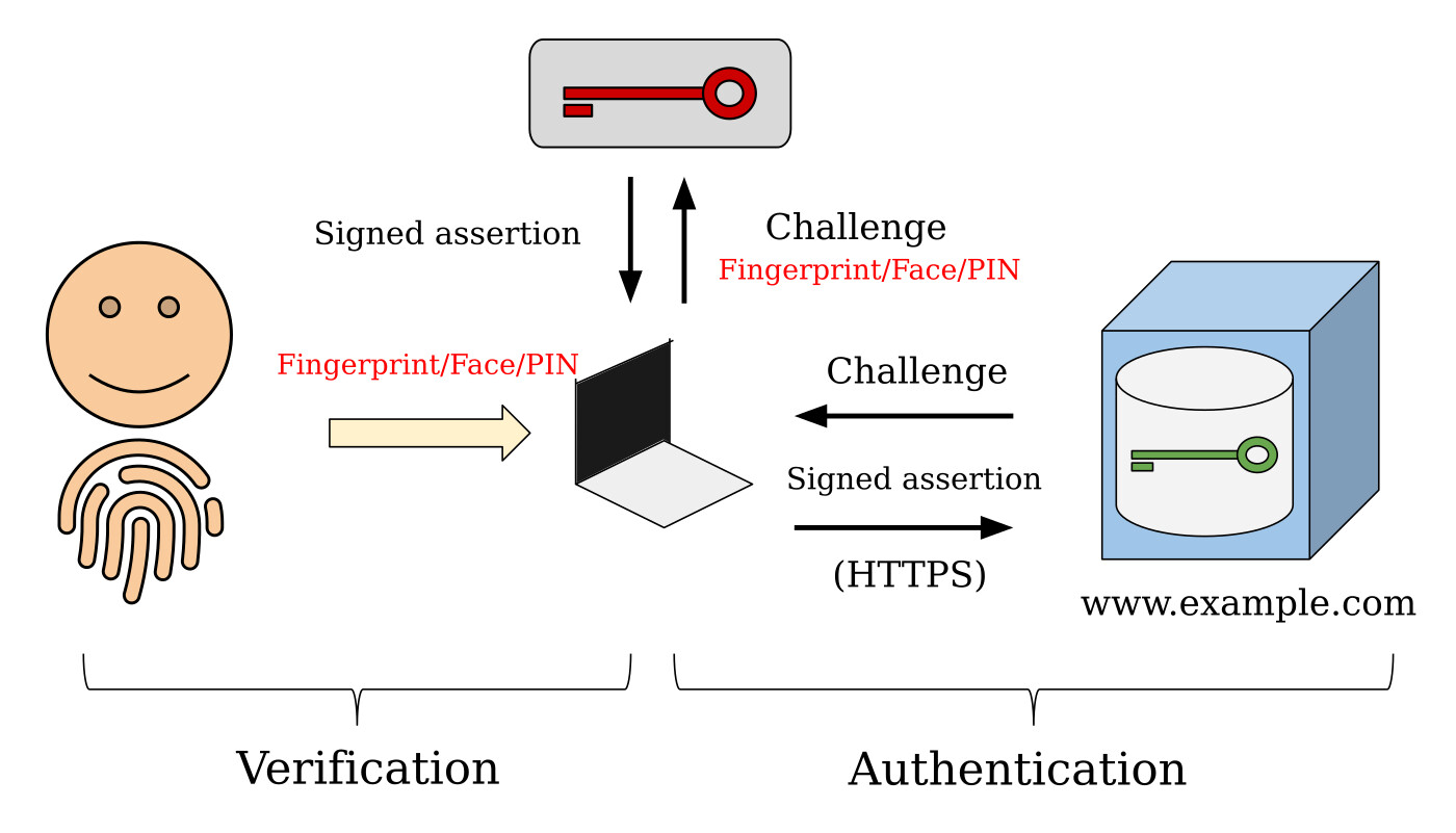 Sơ đồ luồng WebAuthn từ thiết bị người dùng tới máy chủ, hiển thị challenge, signed assertion, verification và authentication