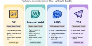 Bảng so sánh bốn định dạng ảnh động GIF, WebP, APNG và TGS theo giới hạn màu, hỗ trợ kênh alpha, khả năng co giãn và mức nén