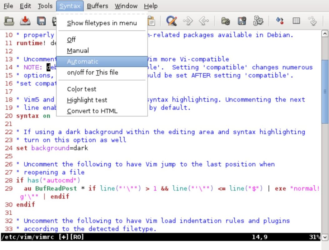 Cửa sổ gvim 7.3 trên Linux với thanh menu File, Edit, Tools, Buffers, Window, Help và nội dung tệp vimrc