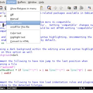 Cửa sổ gvim 7.3 trên Linux với thanh menu File, Edit, Tools, Buffers, Window, Help và nội dung tệp vimrc