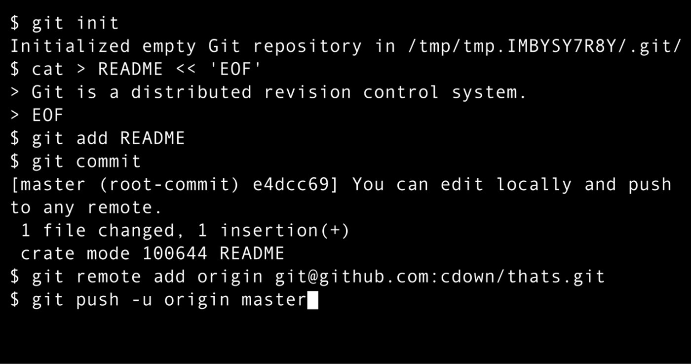 Ảnh chụp phiên làm việc git thực tế trong terminal: git init tạo kho rỗng, git add README, git commit với thông điệp root-commit rồi git push lên remote
