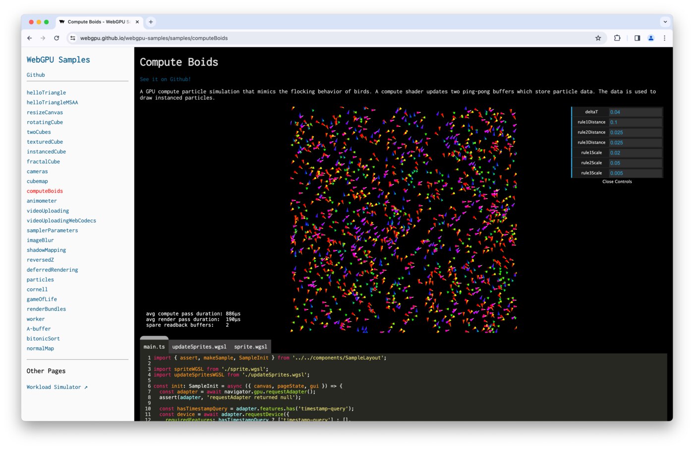 Mô phỏng đàn boids chạy bằng WebGPU compute shader: các hạt được cập nhật vị trí song song trên GPU rồi kẻ bằng instancing