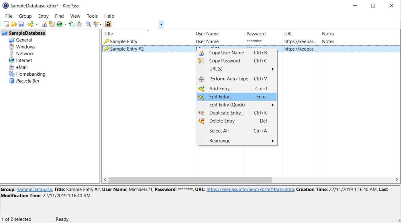 Cửa sổ chính KeePass hiển thị cơ sở dữ liệu mẫu cùng danh sách mục mật khẩu