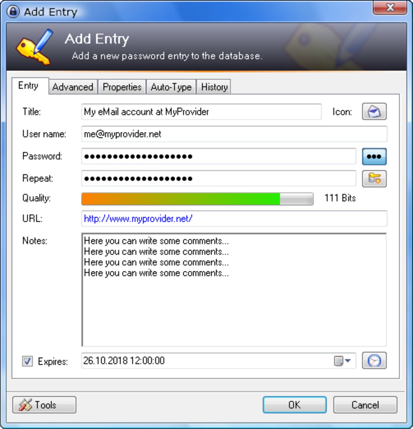 Hộp thoại thêm mục mật khẩu mới trong KeePass với các trường tiêu đề, tên đăng nhập, mật khẩu và địa chỉ