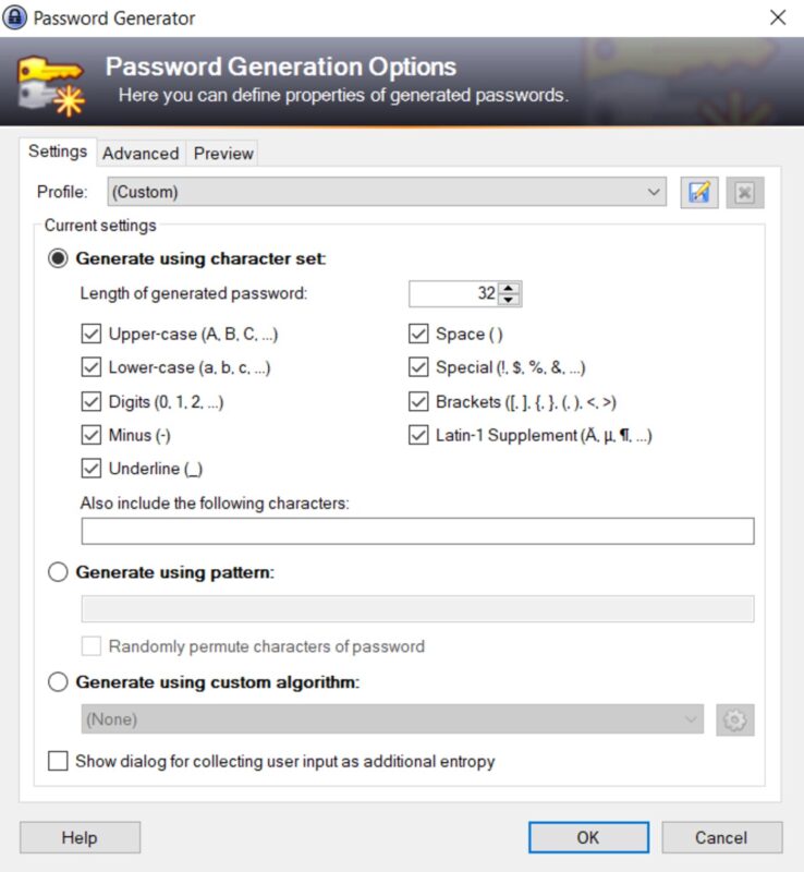 Hộp thoại tạo mật khẩu ngẫu nhiên trong KeePass với bộ tạo ký tự tích hợp