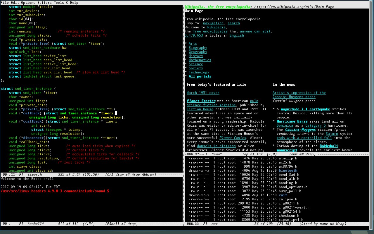 Màn hình Emacs trong terminal Linux với menu File, Edit, Options, Buffers, Tools, Help, bên dưới hiển thị mã nguồn C gồm các khai báo struct và hàm