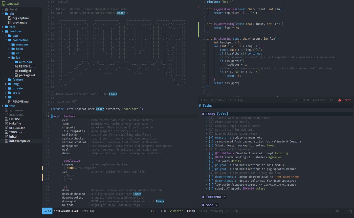 Ảnh chụp màn hình Emacs hiển thị nhiều cửa sổ cùng lúc với các đoạn mã C, gợi ý hoàn thành mã và chỉ báo chẩn đoán tại lề
