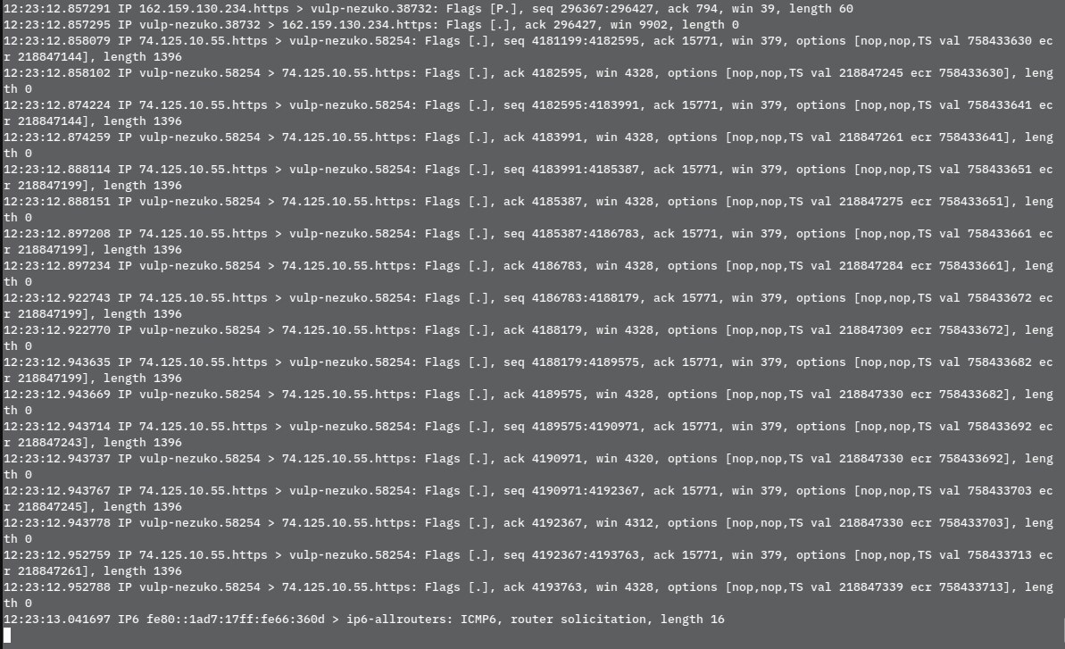 Ảnh chụp terminal tcpdump hiển thị gói tin HTTPS với cờ P, số seq, ack và cửa sổ win