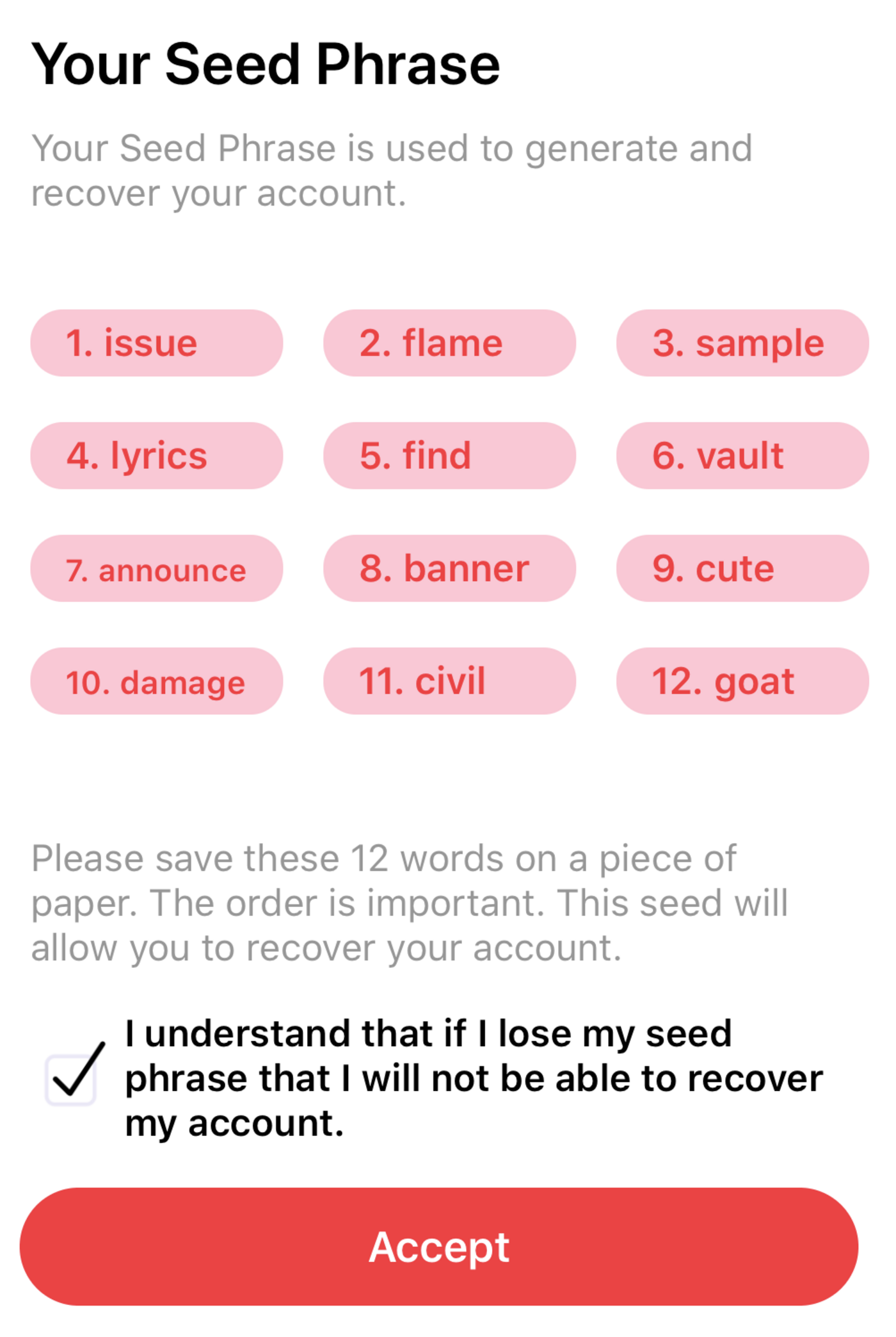 Màn hình tạo seed phrase gồm 12 từ tiếng Anh được đánh số thứ tự