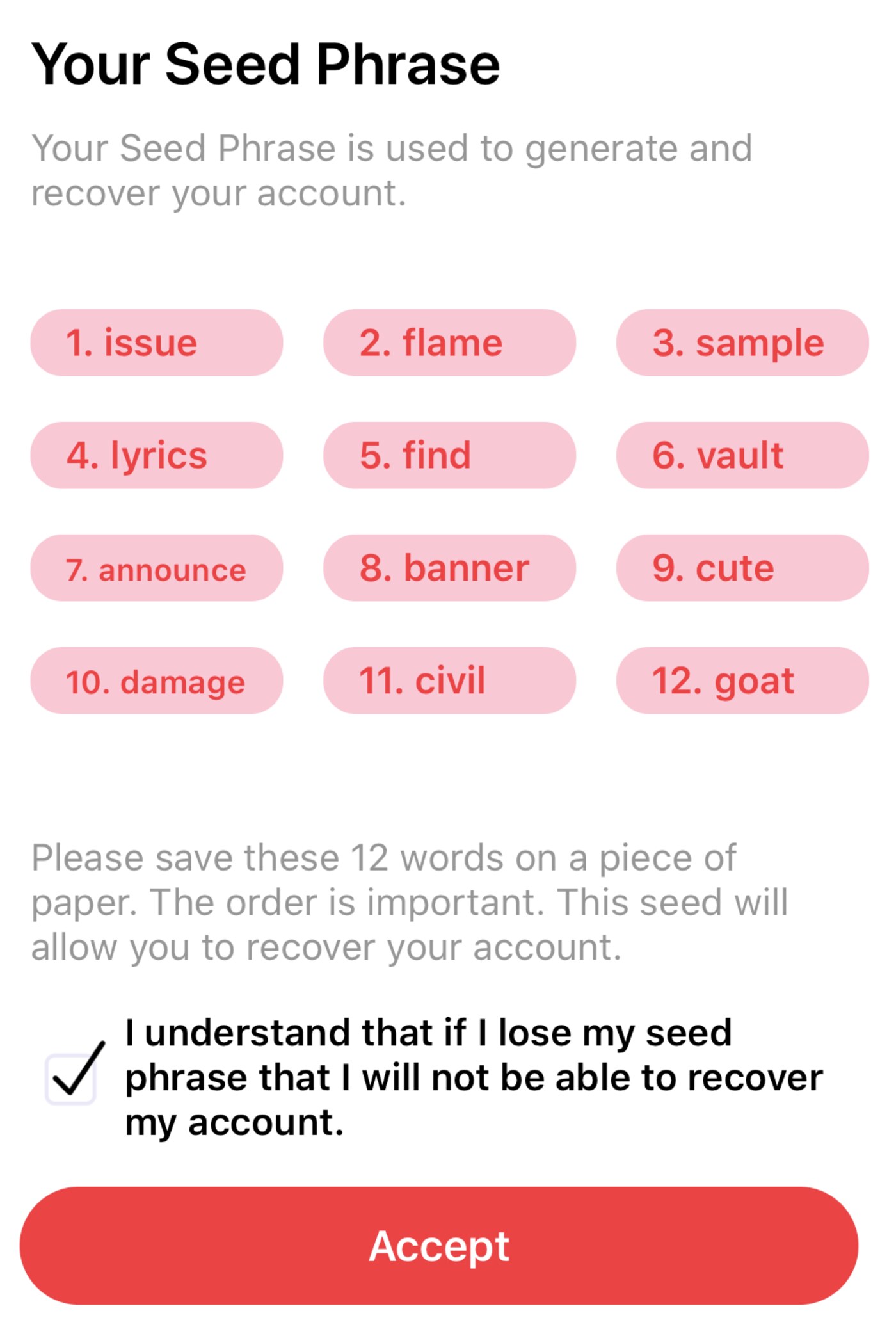 Ảnh chụp màn hình tạo seed phrase 24 từ của ứng dụng ví, dùng để minh hoạ quy trình sao lưu khoá riêng tư