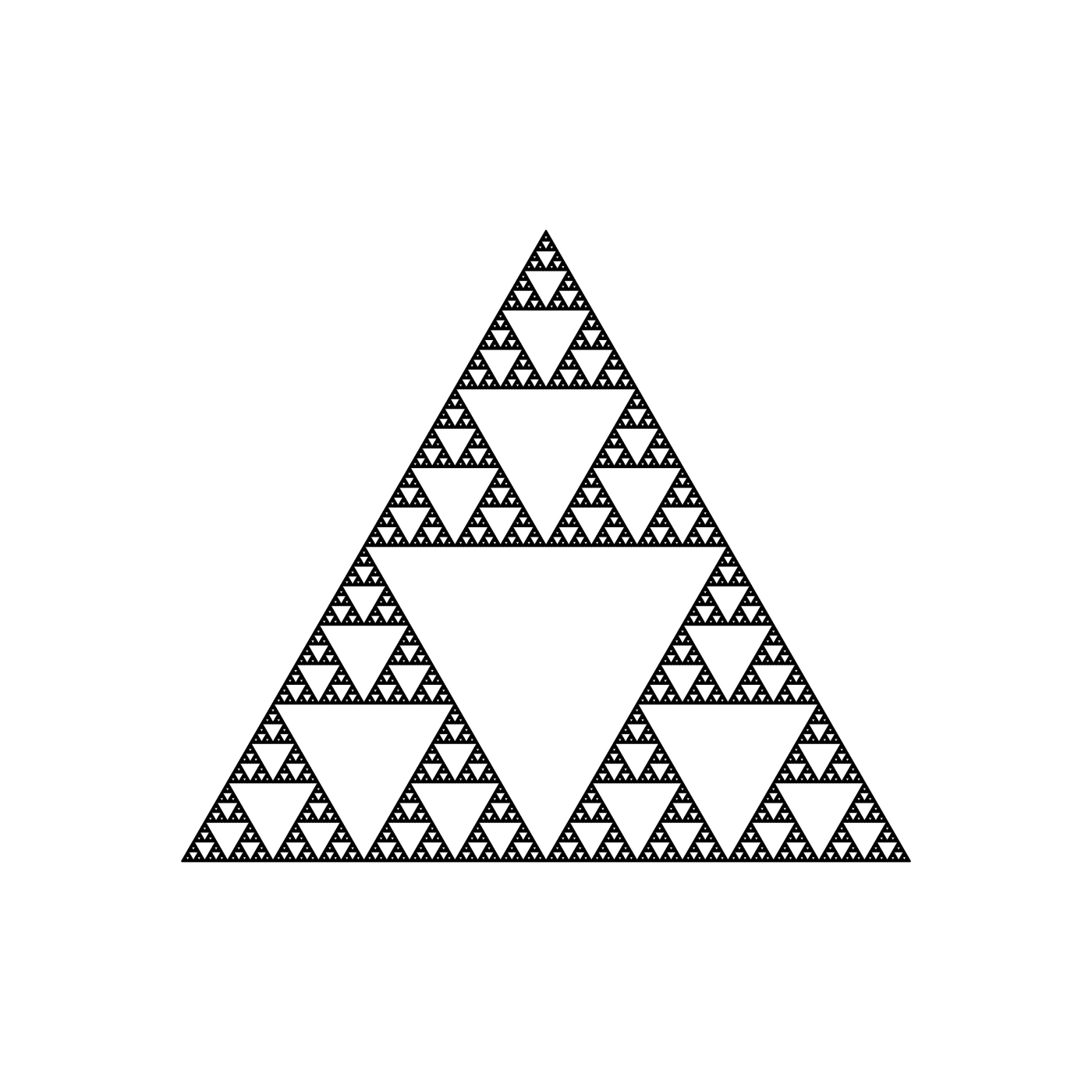 Hình tam giác Sierpinski sau tám vòng lặp đệ quy, mỗi vòng chia đôi tam giác thành ba và lặp lại trên các tam giác nhỏ